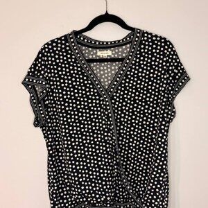Max Studio Women’s Polka Dot Wrap Top L Black White Stretch Blouse